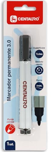 Centauro - Rotulador Permanente Negro, 3mm, Punta Cónica, Secado Rápido, Tinta Base Aceite, Apto Todo Tipo de Superficies, Metal, Cristal, Estaño, Plastico, Film Fotográfico, Madera, Papel y Cartón