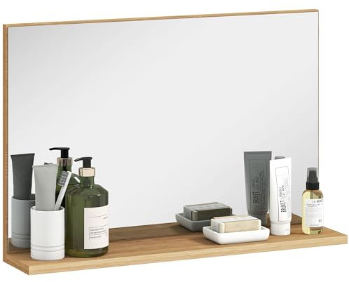 kleankin Miroir Mural de Salle de Bain avec étagère, Miroir Moderne Polyvalent pour la Salle de Bain, la Chambre et l'entrée, 60x12x40 cm, Bois