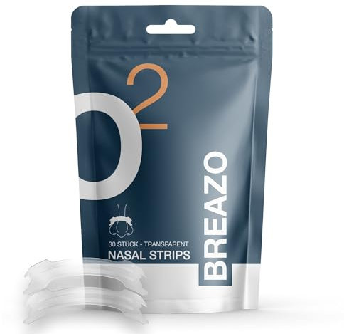 Breazo® Nose Strips – 30 Stück Nasenpflaster für Schnarchen und verbesserte Atmung – Nasenstrips in Universalgröße – Schnarchpflaster für bessere Schlafqualität – Auch ideal für Sportler – Transparent