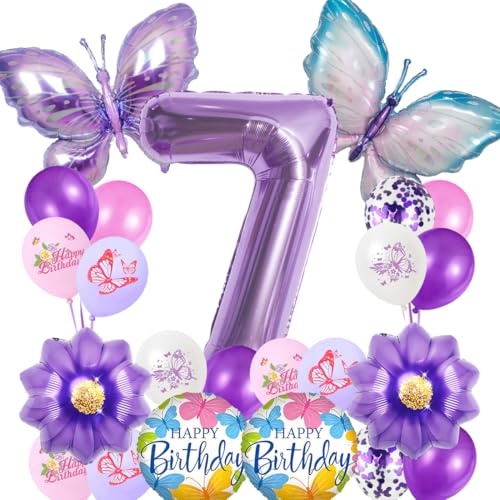 Schmetterling Ballon 7. Geburtstagsdeko Mädchen,Geburtstag Mädchen 7 Jahre,Luftballons Geburtstag Mädchen,Lila Schmetterling Folienballon,Geburtstagdeko Party Dekoration für Kinder