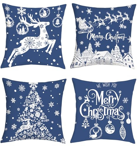 Joymaison Kissenbezüge 45x45 4er Set Blau Winter Weihnachten Schneeflocken | Deko Kissenhülle Weihnachtsmann Rentier Weihnachtskugeln für Geschenk Dekorative Kissenbezug Kissen für Couch Sofa