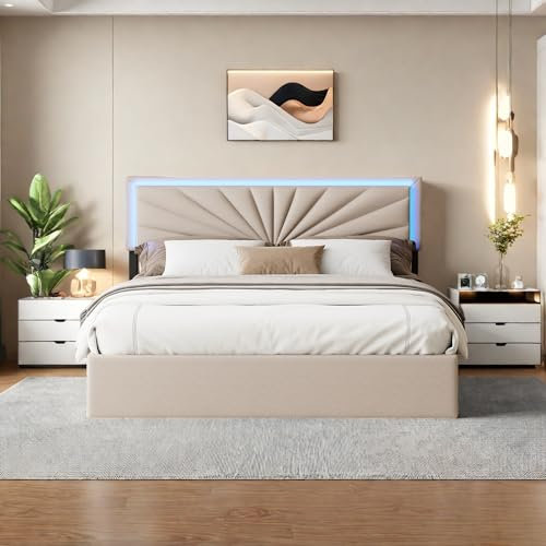 NNXHWY Polsterbett 160x200 Doppelbett mit 4 Schubladen, Bett 160x200 mit LED Verstellbar, Boxspringbetten ohne Federn, Höhenverstellbares Kopfteil, Leinen (Beige, 160cm)