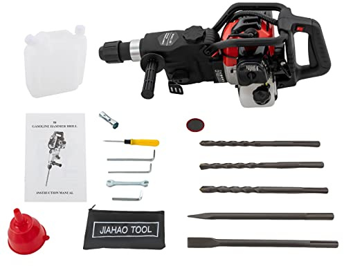 30J Demolition Jack Hammer, 1000W 33CC 2 Stroke Gasoline Concrete Breaker, 2-Stroke Hammer Drill with Point Chisel, Flat Chisel and 3 Drillls Hammer Drill Machine for Breaking Holes, Safe & Efficient