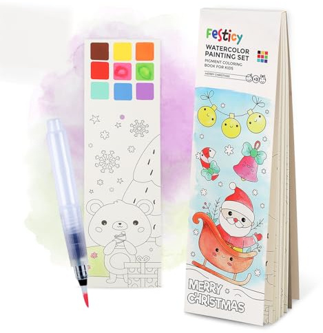 Festicy Malbuch Weihnachten Kinder mit 25 Seiten & Wasserpinsel | Malbuch für Kinder speziell Weihnachten | kreatives Geschenk ab 3 Jahren für Reisen & Partys