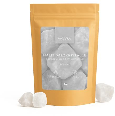 wellow® Halit Salzkristalle 1 kg – 2-5 cm Brocken Saunasalz für Aufguss & Solebad – naturbelassenes Ursalz aus Pakistan für Sauna, Wellness & Fußbad – auch für Salzlampe
