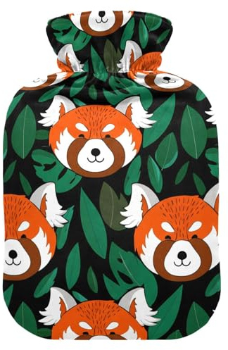 Red Panda Leaves Black Hot Water Bottle with Cover for Pain Relief Feet Warmer for Neck, 1L