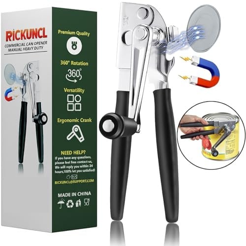 RICKUNCL Handlicher Dosenöffner mit Magnet, Edelstahl, Handdosenöffner mit klappbarer Kurbel, übergroßer Knopf für große Dosen und Dosen aller Größen