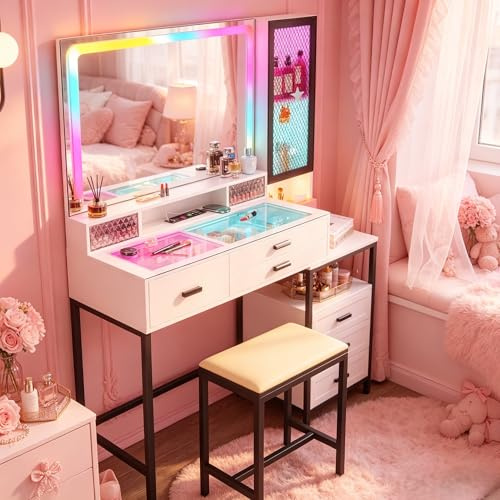 Gurexl Schminktisch mit RGB LED Beleuchtung und Hocker,Glasplatte Schminktisch mit ladefunktion und 6 Schubladen, Gitterdekoration,Intelligente Sensorik,für Umkleidekabine,Mädchen,Geschenk,Weiß
