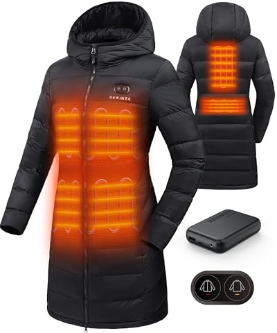 HEWINZE Beheizbare Jacke Damen Winter Mantel mit Kapuze Warmer Wasserdicht Lang Jacke Steppmantel Female mit 7,4-V-Akku 5000mAh