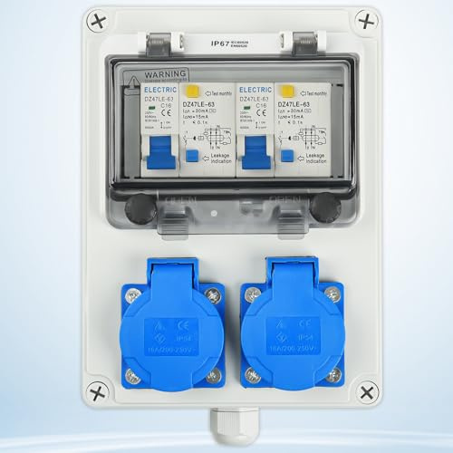 Sorlpv Baustromverteiler Wandverteiler, Komplett Verdrahtet Stromverteiler mit 16A 230V Schuko und FI Schalter, IP67 Wasserdicht Gehäuse für Außen Innen Werkstätten Fabriken