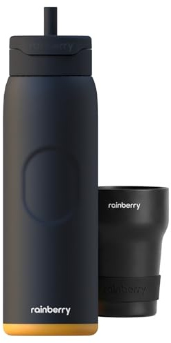 Große XXL 1200ml (1.2L) Isolierte Edelstahl Trinkflasche mit Strohhalm, inkl. Auto-Getränkehalter, Spülmaschinenfest, Auslaufsicher. BPA-frei Wasserflasche, liter Isolierflasche (Eclipse/Schwarz)