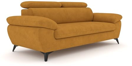 foamnova 3er-Sofa Karlstad, 215 x 84 x 100 cm, mit verstellbaren Kopfstützen, Schwarze Metallfüße, Feines Flachgewebe mit Leinenoptik, wasserabweisend in warmem Mustard, skandinavisches Design