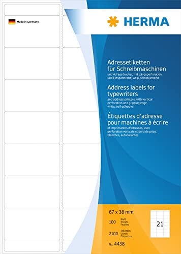 HERMA 4438 Adressetiketten für Schreibmaschinen, 100 Blatt, 67 x 38 mm, 21 pro A4 Bogen, 2100 Stück, selbstklebend, bedruckbar, matt, blanko Papier Klebeetiketten Adressaufkleber Etiketten, weiß