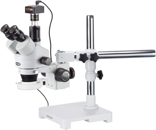 AmScope SM-3TZ-54S-9M Trinokulares LED Boom Ständer Stereomikroskop mit 9.1MP Kamera, 3.5X-90X, Weiß