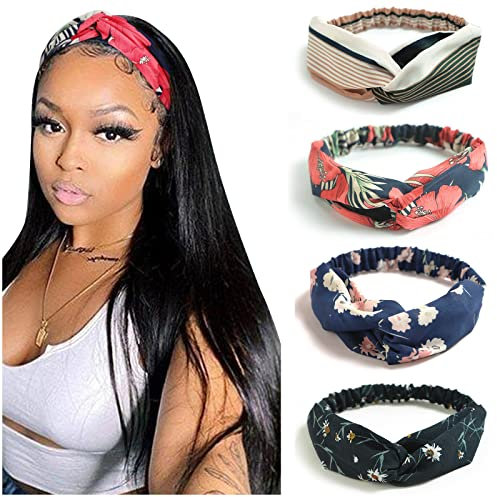 DRESHOW 4 Pièces Bandeau Cheveux Femme Boho Bandeaux Vintage Fleur Imprimé Hair Bandeau Cross Noué Élastique Bande de Cheveux Accessoire