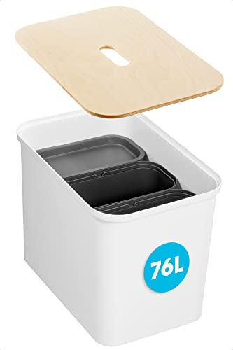 SmartStore - Collect - Poubelle Tri Selectif - Lot de 4 Bacs - 76 L et 13 L - Recyclage - Plastique - Siege en Bois - Déchets et Recyclage, Blanc/Taupe/Birch Wood