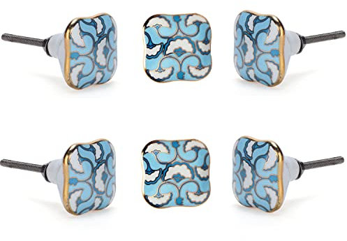 Perilla Home Set of 6 Cadia Blue Ceramic Knob Round Small Knobs Kitchen Cabinet Cupboard Glass Door Dressser Wardrobe and Drawers Pull Knob