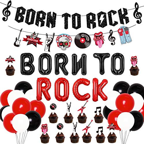 JOYMEMO Rock and Roll Geburtstagsparty-Dekorationen Schwarz Glitzer Born To Rock Banner Luftballons Musical Elemente Girlande für 1950er Jahre Musik Motto Party Supplies