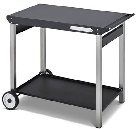 BRASERO - Chariot Aliza pour plancha - Desserte de Jardin extérieure - Acier et INOX - 2 Niveaux de Rangement - 96x56 cm - Facile à déplacer - Grosse Roues - Gris et Noir