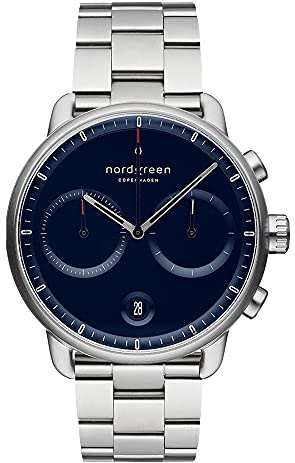 Nordgreen Skandinavische Design Herren Uhr Analog Quarz Silber | Blaues Ziffernblatt | Silbernes, auswechselbares 3-Link Armband | Modell: Pioneer