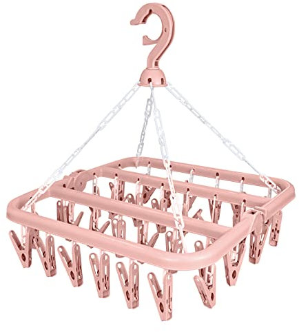 Sockentrockner Wäscheständer, Unterwäsche Kleiderbügel with 32 Clips, Faltbarer Wäscheständer Winddichter Aufhänger, Trockengestell Socken für Unterwäsche Babykleidung Kleine Wäscheartikel (Rosa)