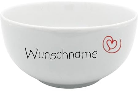 Doriantrade Müslischale Porridge Schale Schüssel Porzellan Weiß kleines Herz personalisierbar mit Wunschname Name Geschirr mit Namen personalisiert