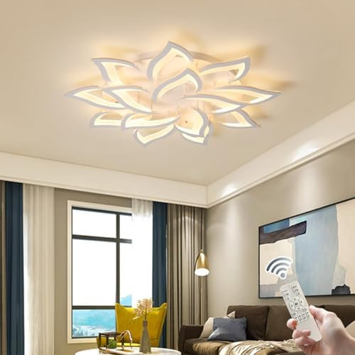 Oninio LED Deckenleuchte, Blumenform Design Deckenleuchte, Moderne Deckenleuchte mit Fernbedienung, Weiße Acryl Deckenleuchte für Wohnzimmer, Schlafzimmer 90W,14 Pedale