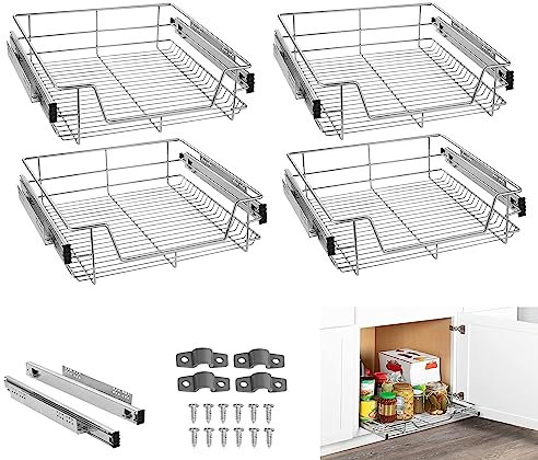 YRHome 4 Stück Küchenschublade Küchen Regal Teleskopschublade Schlafzimmerschublade Schrankauszug Organizer Küchenschrank Korbauszug Vollauszug Schublade Küchen Regal Geeignet für 60cm Schränke