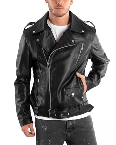 Giubbotto Uomo Chiodo Ecopelle Tinta Unita Nero Casual Biker Maniche Lunghe (Nero, XL)