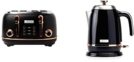 Haden Heritage Black & Copper Toaster - Electric Stainless-Steel Toaster - Four Slice,1370-1630W & Salcombe Cordless Kettle - Electric Fast Boil Kettle, 3000W, 1.7 litre, Black & Copper