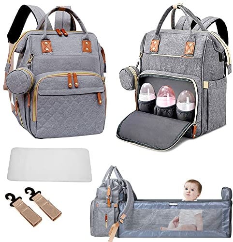 Fexkean Wickeltasche Rucksack Baby Wickelrucksäcke mit Großer Reisewindeltasche mit faltbarem Kinderbett mit Multifunktions Babytaschen Wickelauflage Babybettrucksack-Gray