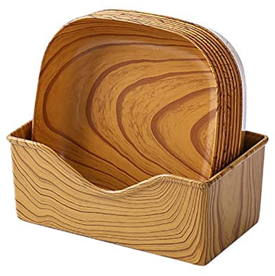 Vqf297 Lot de 8 assiettes carrées en plastique avec support de rangement, grain de bois, 14 cm, assiettes carrées pour mariage, camping, fête