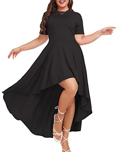 LALAGEN Plus Size Maxi Dress for Women Casual Short Sleeve Ruffle Flowy High Low Summer Long Dress Black 3X