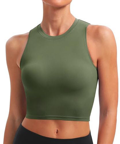 BAYDI Sports Bra Removable Padded Crop Tops High Neck Tank Tops with Built in Bra Longline Yoga Workout Top Olive