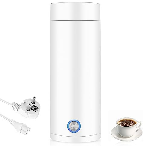 FENGQ Kleiner Tragbarer Wasserkocher, 400ML reise wasserkocher klein, Tragbarer Mini-Heizbecher, mit Automatischer Abschaltung, 5 Minuten schnelles Kochen für Kaffee und Teezubereitung (Weiß)