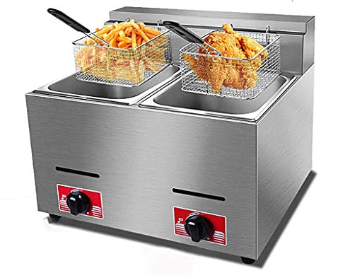 Friggitrici professionali da 20 litri, gas doppia bombola multifunzione con 2 cestelli di frittura, piano di lavoro inox spesso e profondo