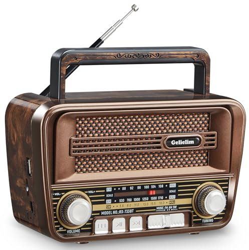 Gelielim Radio portátil AM FM, altavoz retro retro Bluetooth 5.3, radio de onda corta compatible con tarjeta TF/USB, funciona con pilas, regalo para ancianos, ideal para el hogar, al aire libre