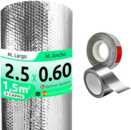 AISLANTE TERMICO MULTIUSOS PREMIUM| Reduce el Frio y el Calor |100% ALUMINIO|Aislante Termico para Ventana, Pared, Suelo, Techo, Coche, Garaje[ 0.60 X 2.5m+ (1,5m²) + 2 cintas adhesivas
