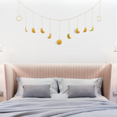 SwirlColor Mondphasen Wanddeko, Gold Glänzende Metall Mondphasen Girlande Boho Wand Dekor Ästhetische Wand hängende Dekoration für Schlafzimmer Wohnzimmer Kinderzimmer