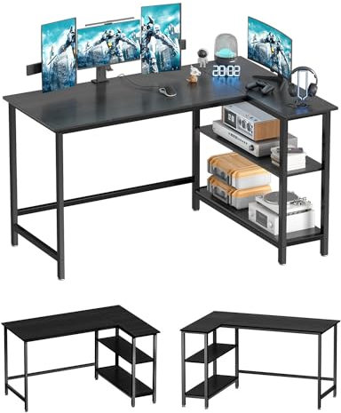 WOODYNLUX Scrivania a forma di L, scrivania per computer da casa e ufficio con mensola, tavolo angolare per lavoro, scrittura e studio, salvaspazio, nero