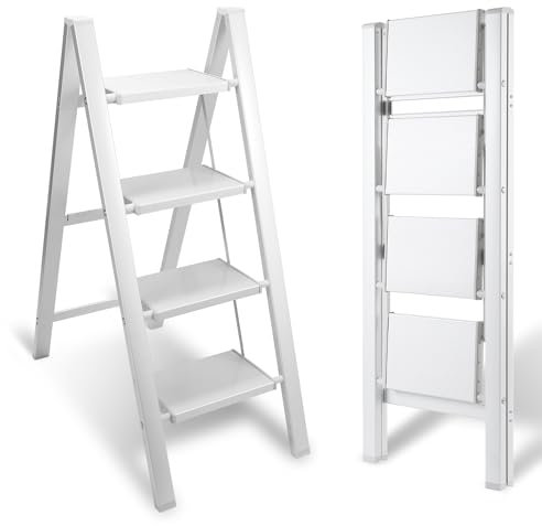 Eulenke Scala pieghevole a 4 gradini, in alluminio, pieghevole, leggera, scala a pioli a 4 livelli, scala antiscivolo con fusibile pieghevole, scala pieghevole per casa, cucina, portata fino a 150 kg,