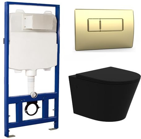Verona Matt Black Wall Hung Rimless Toilet with Soft Close Seat Brass Pneumatic Flush Plate 1170mm Frame & Cistern