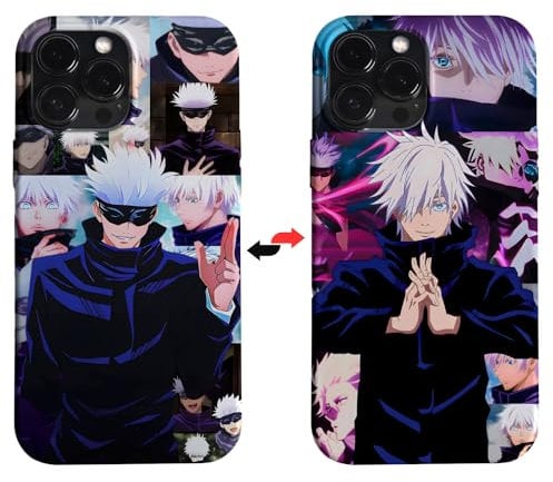 Takeshii Anime Case for iPhone 13 14 15 Pro Max Satoru Gojo Manga Jujutsu Kaisen Japanesse Design Case Military Grade Shockproof Protection TPU Scratch-Resistant Cover 2 Design in 1 Multi-View Custom