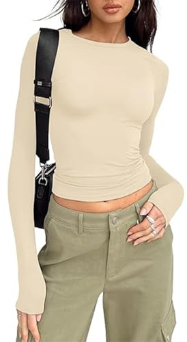 OYIGELZ Women's Basic Long Sleeve Shirt Crop Top Y2K T-Shirt Slim Fit Casual Tee Tops Streetwear(Apricot-a,XS)