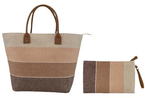 Vico Casa® Versilia Borsa mare donna con pochette, borsa spiaggia/Colore Marrone/Borsa a spalla 50x35X20cm con borsetta, cerniera, tasca interna e manici