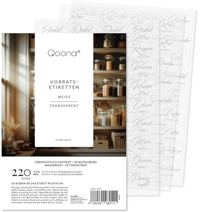 QOONA Vorratsetiketten Set - weiß - selbstklebend (220 Stück) - Etiketten Vorratsdosen inkl. Kochzeit - wasserfest & transparent