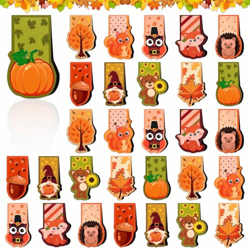 Lets Joy Herbst Magnetische Lesezeichen Kinder, 30 Stück Thanksgiving Lesezeichen Magnetisch, Magnet Seiten Markierungen, Erntedankfest Bunt Eule Igel Ahornblatt Lesezeichen Party Geschenke