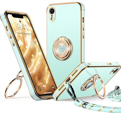 XYZ for iPhone XR Case with Stand, Heart Lanyard for Girls Women, Luxury Cute Bling Protective Cover for iPhone XR, Green