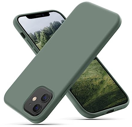 CALOOP Liquid Silicone Case Designed for iPhone 12 Mini Case 5.4 inch, Full Body Protective Covered Silky-Soft Anti-Scratch Gel Rubber Slim Shockproof Cover with Microfiber Lining, Copper Green