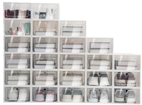 24 Stücke schuhboxen stapelbar transparent, schuhkarton mit deckel, schuhboxen schuhaufbewahrung schuhkarton schuhe organizer, Staubdicht, DIY-Installation, für Schuhe, Bücher, Zeitschriften